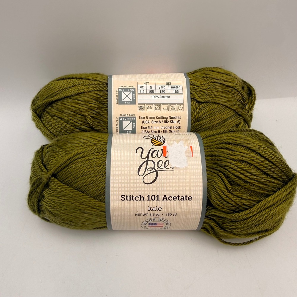 Yarn Bee Stitch 101 Acetate Kale Green Medium Weight Yarn 2 Skeins 3.5oz 180yd